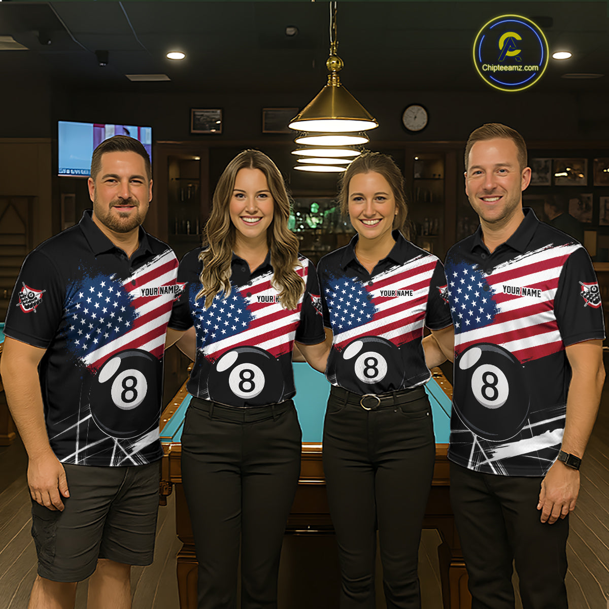Men women pool team wearing American Flag Splash 8 Ball patriotic uniforms