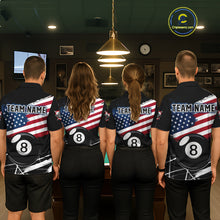 Load image into Gallery viewer, Men women pool team wearing American Flag Splash 8 Ball patriotic uniforms