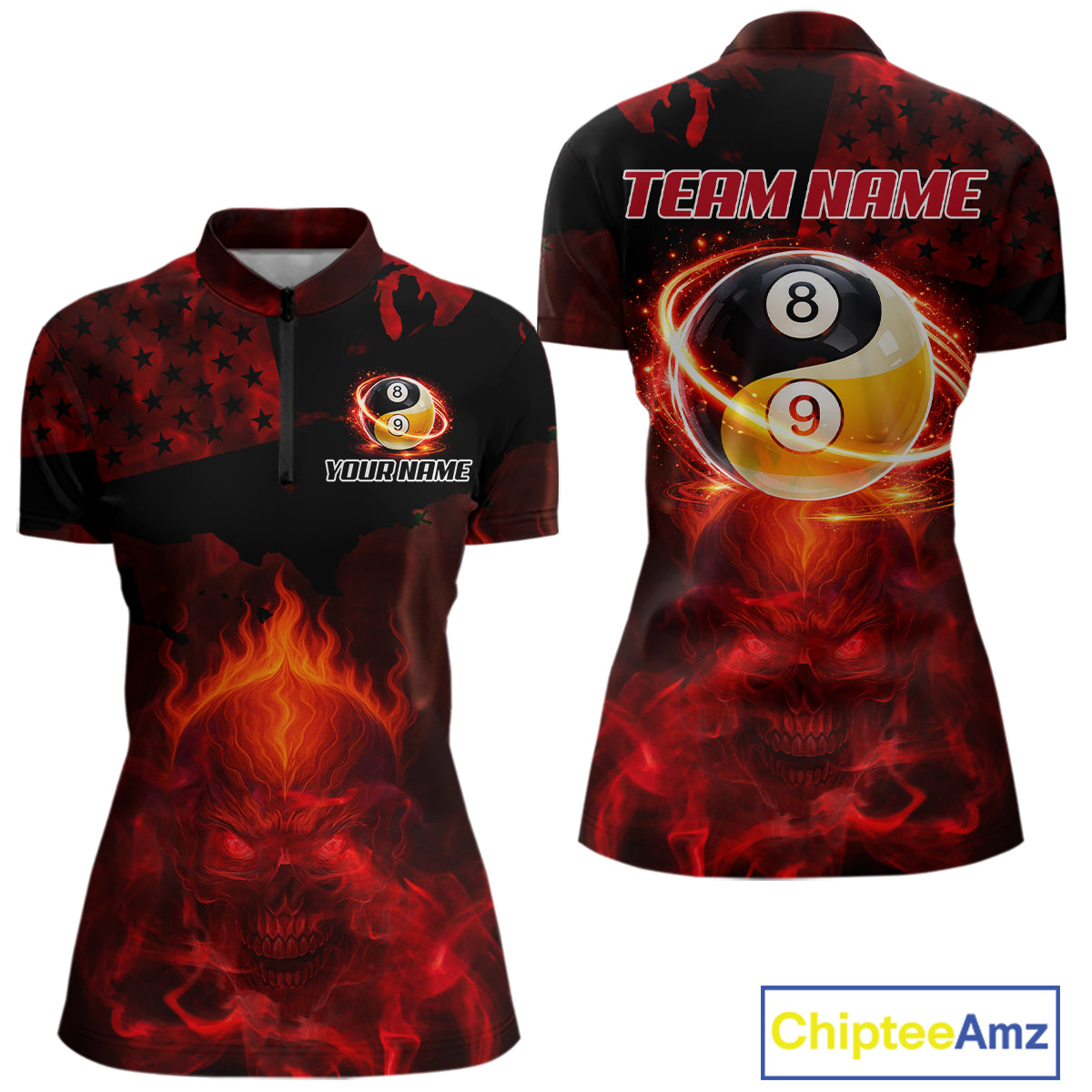 Red Flames Skull Yin & Yang Pool Billiard Shirt For Women Custom 8 Ball & 9 Ball Billiard Team Attire NYN2744