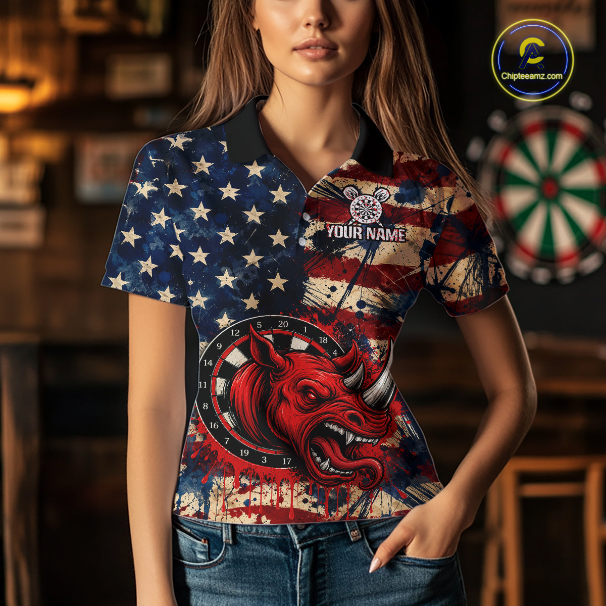 Red Dripping Rhino Funny Women Darts Polo 1/4-Zip Shirt Custom Grunge American Flag Dartboard Apparel NYN3358
