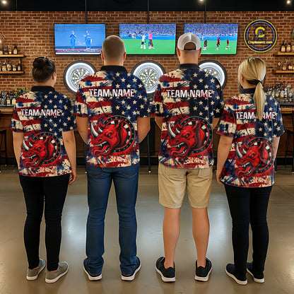 Red Dripping Rhino Funny Men Darts Polo 1/4-Zip Shirt Custom Grunge American Flag Dartboard Apparel NYN3358