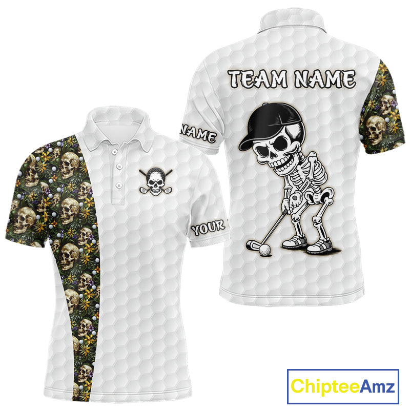 Men's golf polo featuring tropical green golf ball pattern with bold skull artwork, personalized golf apparel for beach golf resorts, golf vacations, summer tournaments and adventurous golfers, representing freedom, nature and tropical lifestyle.