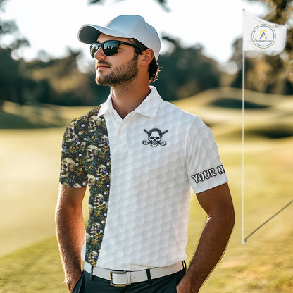 Male golfer wearing tropical skull golf polo at luxury golf resort, ideal for vacation golf, tropical lifestyle and adventurous golfers