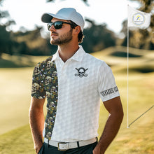 Load image into Gallery viewer, Male golfer wearing tropical skull golf polo at luxury golf resort, ideal for vacation golf, tropical lifestyle and adventurous golfers