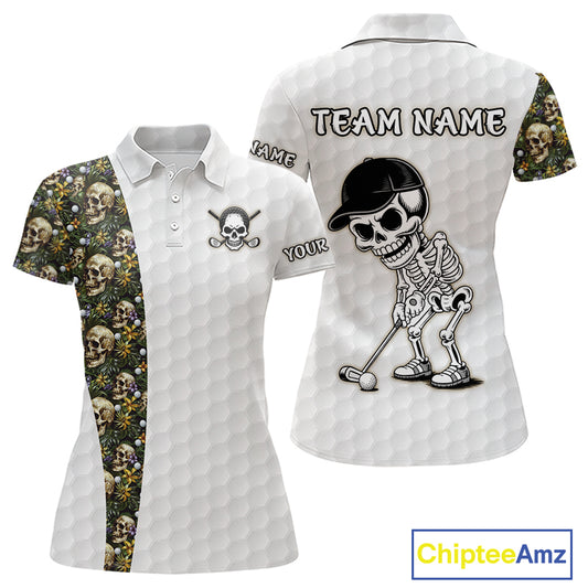 Women's tropical golf polo with skull artwork and golf ball pattern, custom performance golf shirt for golf vacations, summer tournaments and beach resorts.
