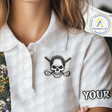 Load image into Gallery viewer, Female golfer wearing tropical skull golf polo on sunny golf course, fashionable golf apparel representing freedom, nature and resort living.