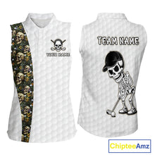 Load image into Gallery viewer, Women's sleeveless golf polo featuring tropical leaves, green golf balls and skull artwork, personalized golf apparel inspired by beach golf, resort lifestyle and adventure.