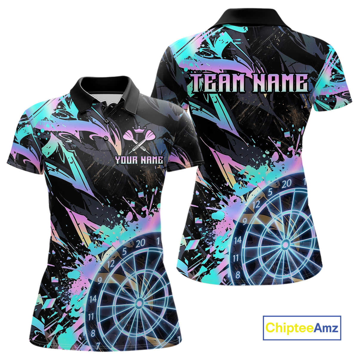 Holographic Splatter Dartboard Women Dart Polo & 1/4-Zip Shirt Custom Name Dart Jersey For Darters NYN2966