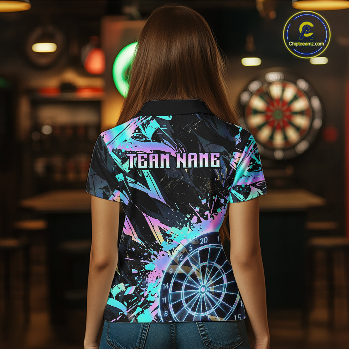 Holographic Splatter Dartboard Women Dart Polo & 1/4-Zip Shirt Custom Name Dart Jersey For Darters NYN2966