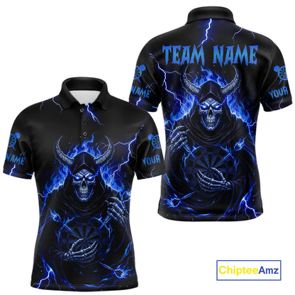 Blue Neon Flaming Grim Reaper Men Darts Polo Jerseys Custom Name Dart League Shirt NYN2065