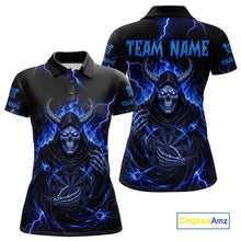 Load image into Gallery viewer, Blue Neon Flaming Grim Reaper Women Darts Polo Jerseys Custom Name Dart League Shirt NYN2065