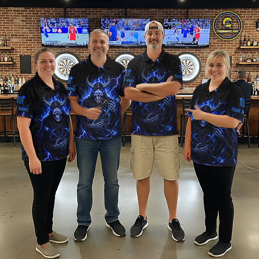 Blue Neon Flaming Grim Reaper Men Darts Quarter-Zip Jerseys Custom Name Dart League Shirt NYN2065