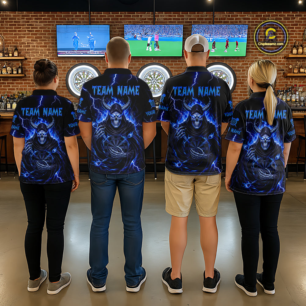 Blue Neon Flaming Grim Reaper Women Darts Quarter-Zip Jerseys Custom Name Dart League Shirt NYN2065