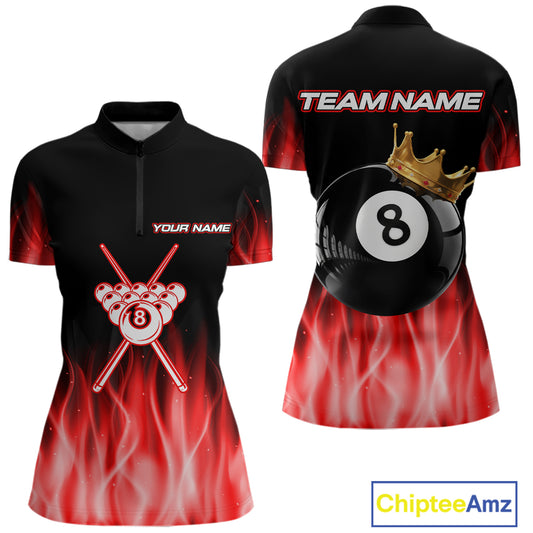 Custom Red Flaming Crown 8 Ball Billiard Shirts For Women Personalized Billiard Attire Gifts NYN2323
