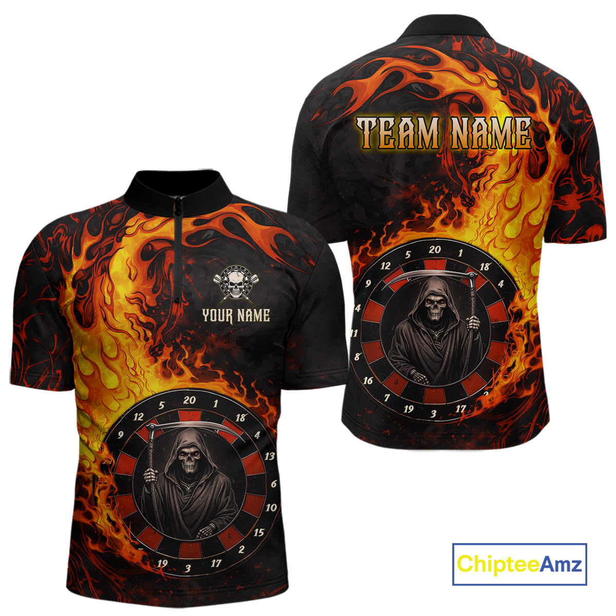 Grim Reaper Red Flaming Dartboard Men Darts 1/4-Zip Shirt Personalized Grunge Darts Team Jerseys NYN2600