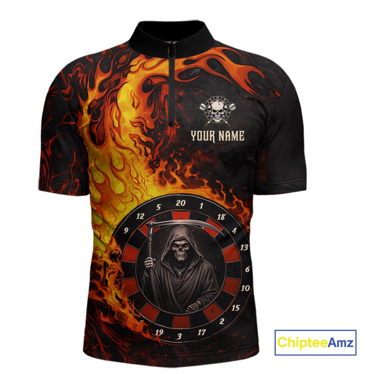 Grim Reaper Red Flaming Dartboard Men Darts 1/4-Zip Shirt Personalized Grunge Darts Team Jerseys NYN2600
