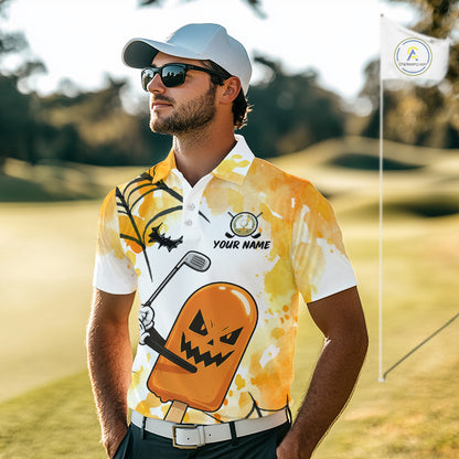 Male golfer wearing Spooky Ice Cream golf polo, personalized golf apparel, golf league clothing, Halloween golf outfit