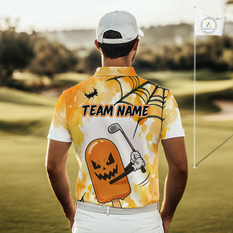 Male golfer wearing Spooky Ice Cream golf polo, personalized golf apparel, golf league clothing, Halloween golf outfit