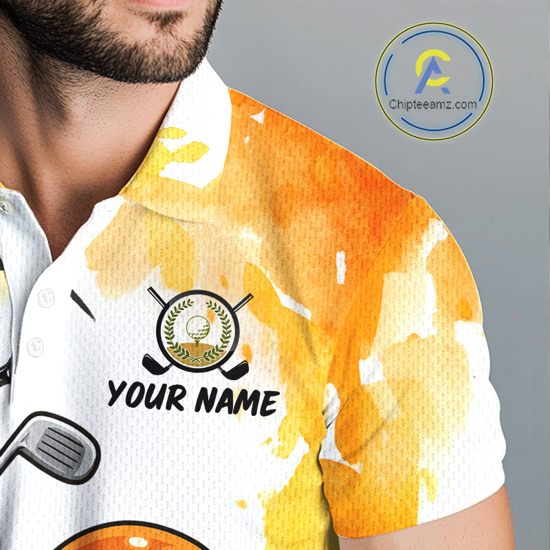 Male golfer wearing Spooky Ice Cream golf polo, personalized golf apparel, golf league clothing, Halloween golf outfit