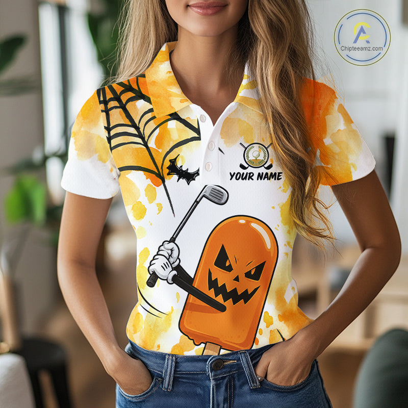 Female golfer wearing Spooky Ice Cream golf polo, Halloween golf fashion, golf outing apparel, playful golf clothing