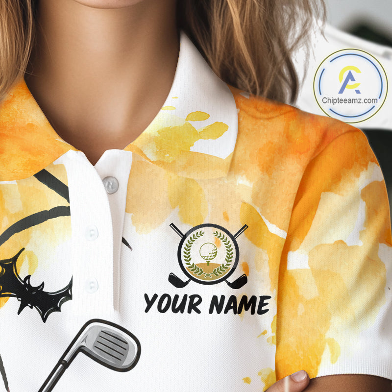 Female golfer wearing Spooky Ice Cream golf polo, Halloween golf fashion, golf outing apparel, playful golf clothing