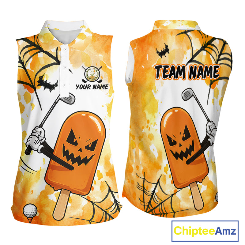 Funny Spooky Ice Cream women sleeveless golf polo, personalized Halloween ice cream golf shirt, fun golf apparel, spooky golf gift
