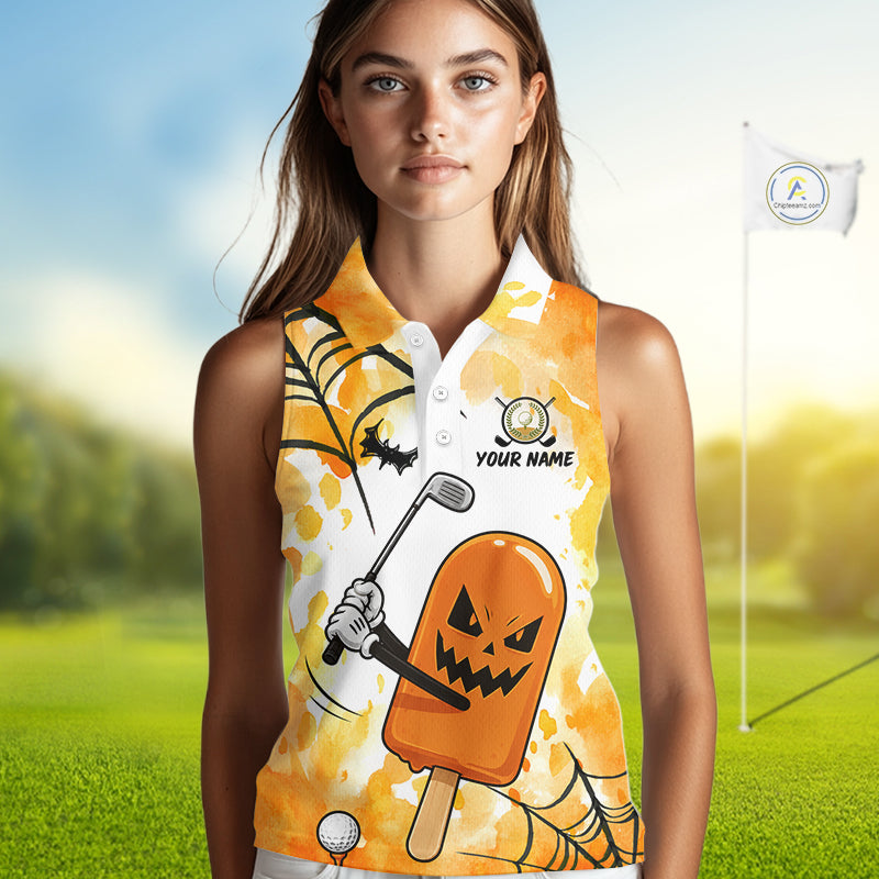 Female golfer wearing Spooky Ice Cream golf polo, Halloween golf fashion, golf outing apparel, playful golf clothing