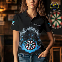 Load image into Gallery viewer, Grey And Blue Flames Wolf Custom Women's Funny Dart Polo Shirts Team Dart League Jerseys NYN2079