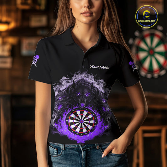 Grey And Purple Flames Wolf Custom Women's Funny Dart Polo Shirts Team Dart League Jerseys NYN2080