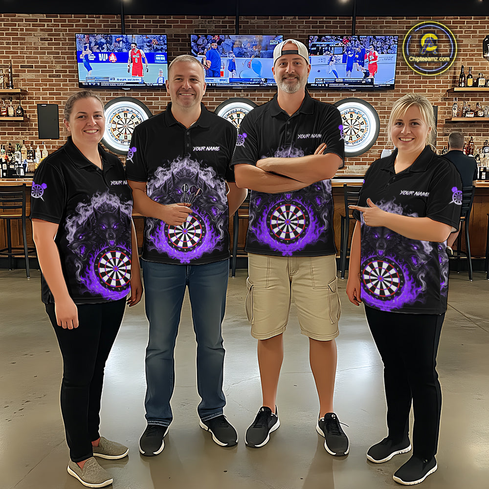 Grey And Purple Flames Wolf Custom Men's Funny Dart Quarter-Zip Shirts Team Dart League Jerseys NYN2080