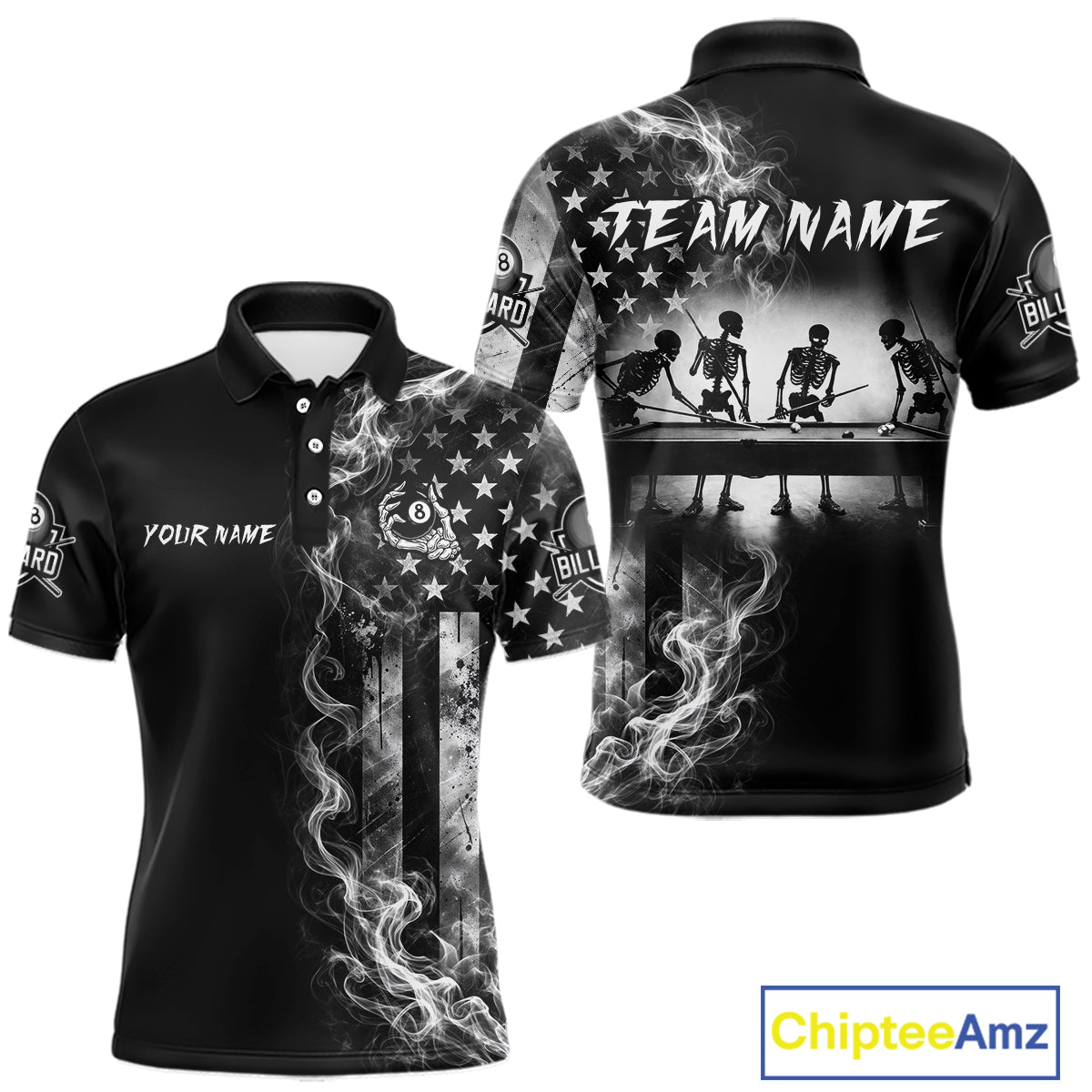 Grey Smokes American Flag 8 Ball Billiard Pool Shirt For Men Custom Billiard Skeleton Team Apparel NYN2764