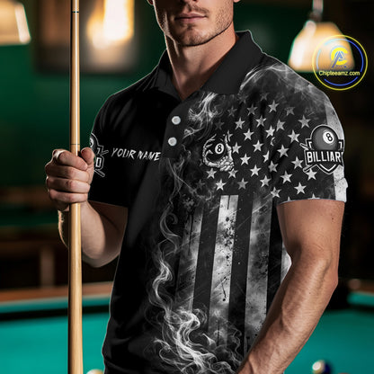 Grey Smokes American Flag 8 Ball Billiard Pool Shirt For Men Custom Billiard Skeleton Team Apparel NYN2764