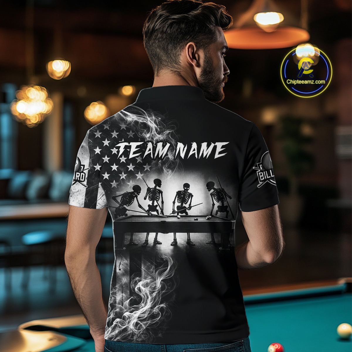 Grey Smokes American Flag 8 Ball Billiard Pool Shirt For Men Custom Billiard Skeleton Team Apparel NYN2764