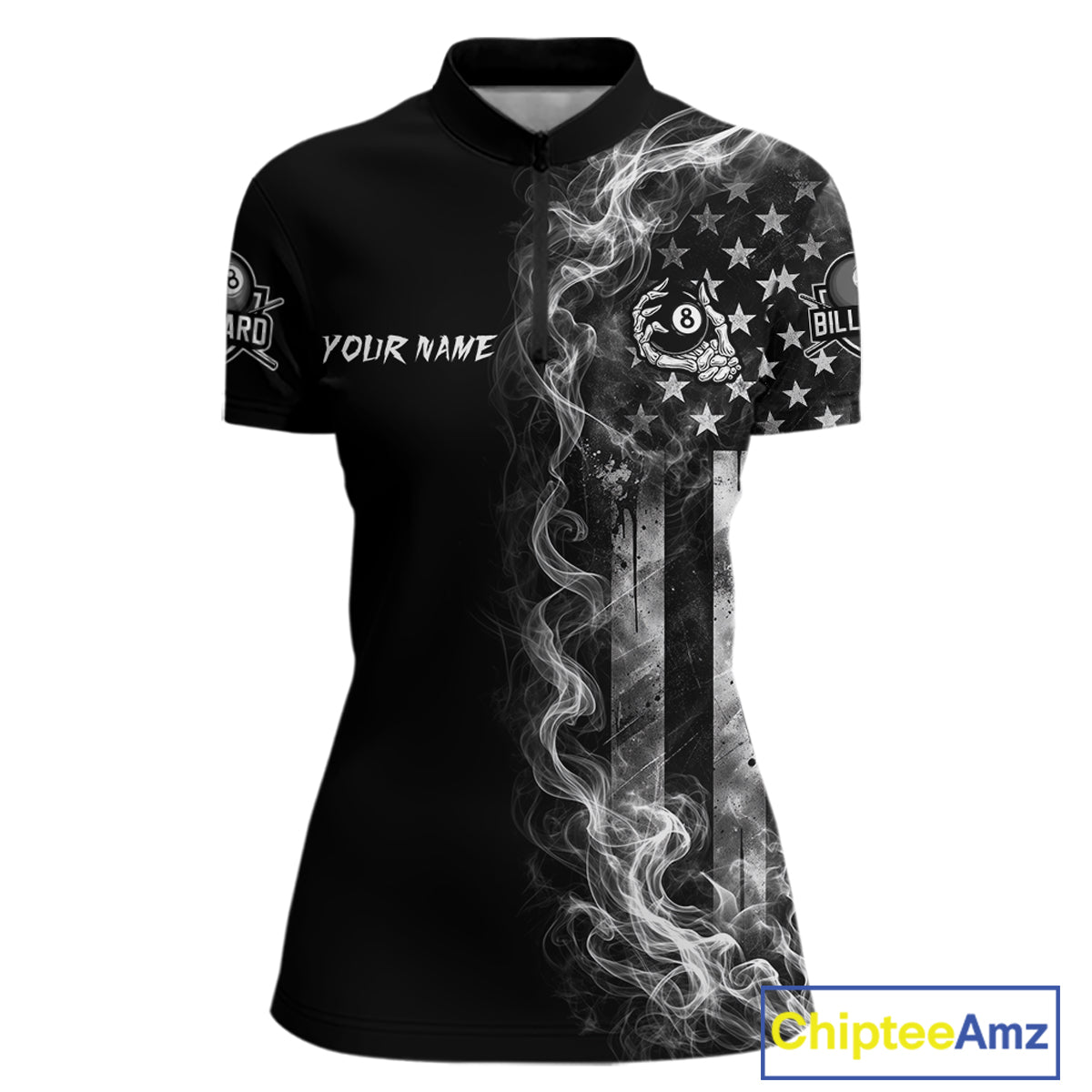 Grey Smokes American Flag 8 Ball Billiard Pool Shirt For Women Custom Billiard Skeleton Team Apparel NYN2764
