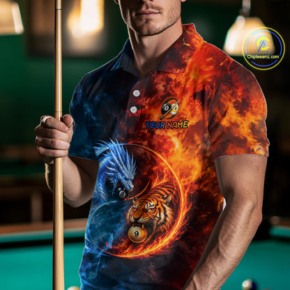 Male model wearing Dragon Tiger billiard polo during championship, custom 8 Ball 9 Ball jersey, competitive athlete
