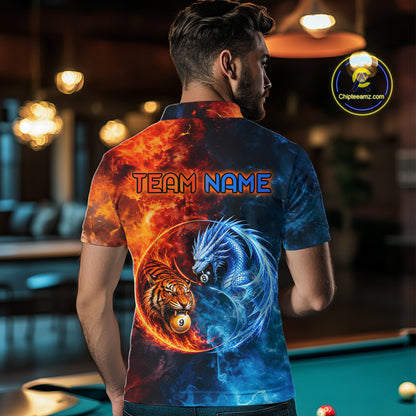 Male model wearing Dragon Tiger billiard polo during championship, custom 8 Ball 9 Ball jersey, competitive athlete