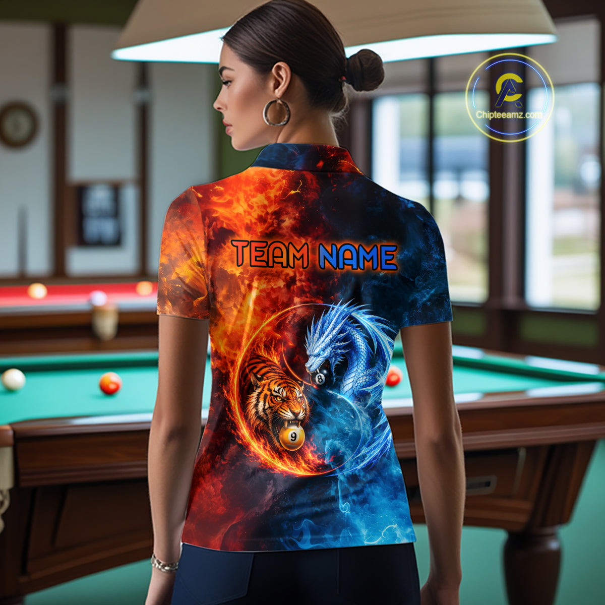 Female model wearing Dragon 8 Ball Tiger 9 Ball billiard polo, mythical cue sports apparel, power, balance, personalized tournament fashion