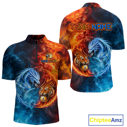 Dragon Tiger Men's Quarter-Zip Pool Shirt, Personalized Fire Water Billiards Jersey