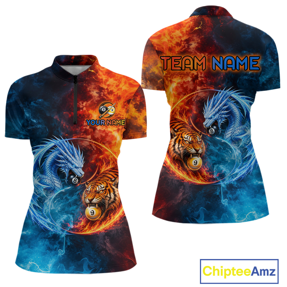 Dragon Tiger Women's Quarter-Zip Billiard Shirt, Water Fire 8 Ball 9 Ball Tournament Jersey, Moisture-Wicking Athletic Wear