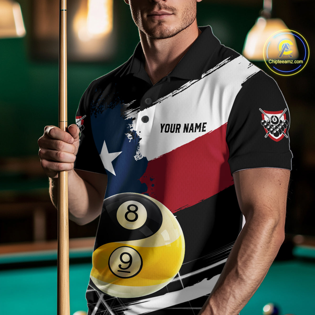 Male billiard player wearing Texas Yin Yang billiard jersey during championship competition, premium sports apparel for Texas pool players, martial arts enthusiasts and tournament champions, symbolizing discipline, confidence and balance.
