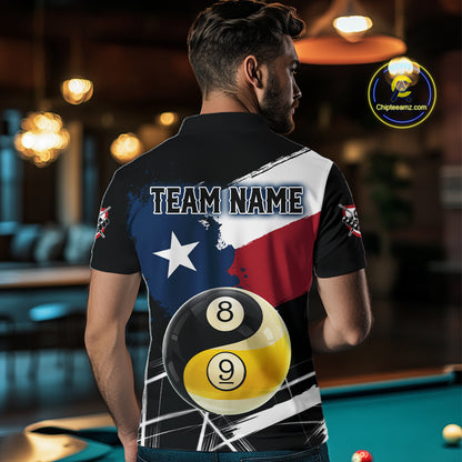 Male billiard player wearing Texas Yin Yang billiard jersey during championship competition, premium sports apparel for Texas pool players, martial arts enthusiasts and tournament champions, symbolizing discipline, confidence and balance.