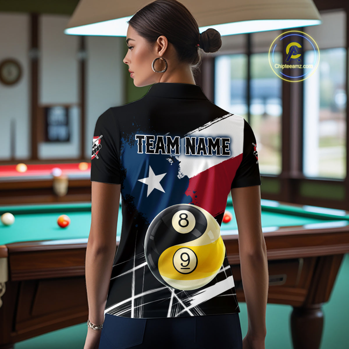 Female billiard player wearing Texas Yin Yang billiard jersey, representing balance, focus, confidence and championship mindset.