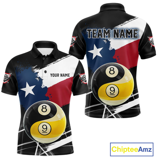 Men's billiard polo featuring Texas flag splash, Yin Yang symbol with 8 ball and 9 ball graphics, personalized performance apparel for APA leagues, Zen lifestyle enthusiasts and competitive pool players, symbolizing balance and precision.