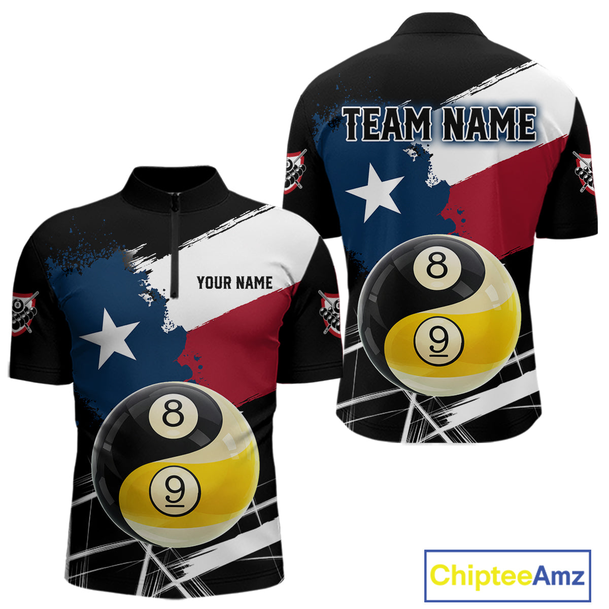 Men's quarter-zip billiard jersey featuring Texas flag splash, Yin Yang artwork, 8 ball and 9 ball graphics, custom performance apparel for league tournaments and professional billiard teams, representing harmony, focus and victory.