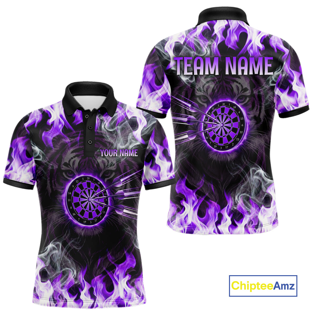 Purple Flaming Tiger Men Dart Polo Shirts Personalized Name & Team Fire Flame Dart Jerseys NYN2101