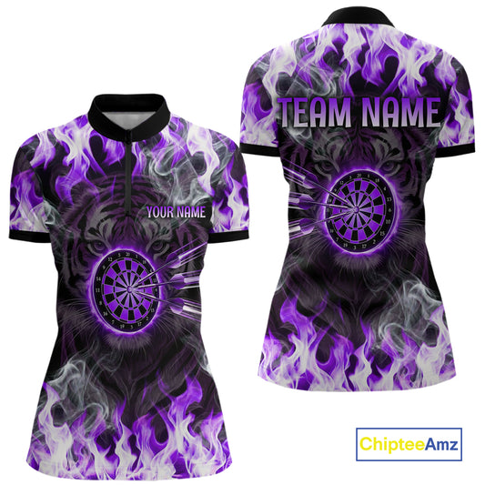 Purple Flaming Tiger Women Dart 1/4-Zip Shirts Personalized Name & Team Fire Flame Dart Jerseys NYN2101