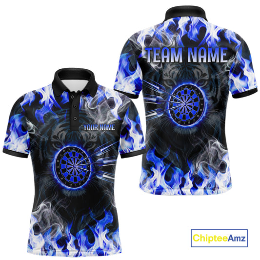 Blue Flaming Tiger Men Dart Polo Shirts Personalized Name & Team Fire Flame Dart Jerseys NYN2103