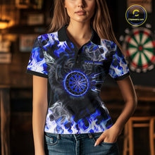 Load image into Gallery viewer, Blue Flaming Tiger Women Dart Polo Shirts Personalized Name &amp; Team Fire Flame Dart Jerseys NYN2103