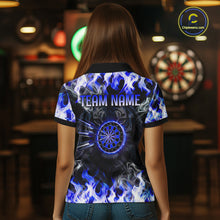 Load image into Gallery viewer, Blue Flaming Tiger Women Dart Polo Shirts Personalized Name &amp; Team Fire Flame Dart Jerseys NYN2103