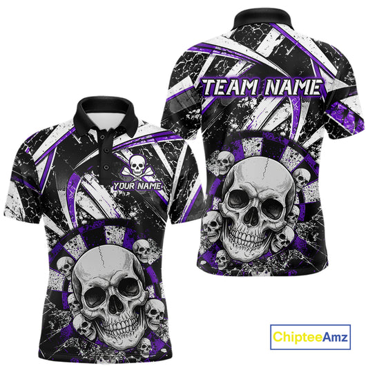 Black & Purple Dartboard Grunge Men Darts Polo Shirts Custom Multi-Skull Dart Team Jerseys NYN2350